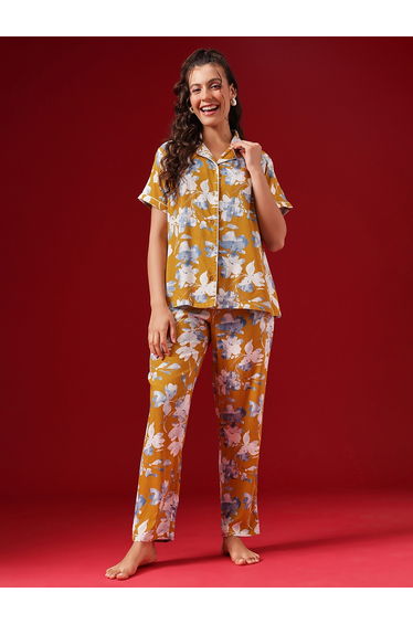 Floral Print Button Down Shirt and Pyjama Set