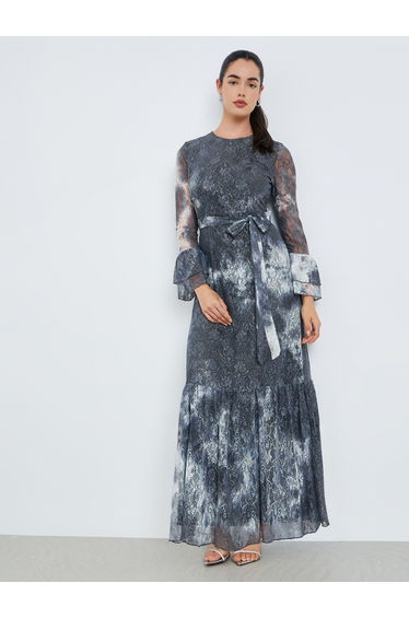 Women Black Lace Ruffled Hem Maxi Dress