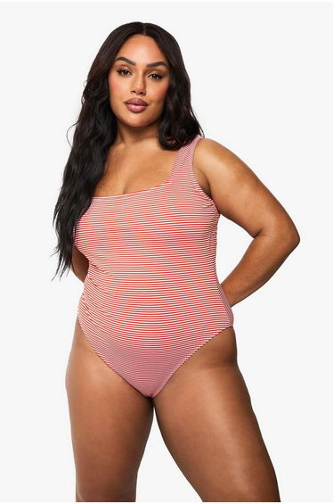 Plus Seersucker Stripe Scoop Neck Swimsuit