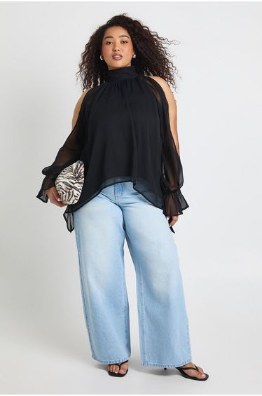 Plus Chiffon Halterneck Long Sleeve Draped Blouse - black