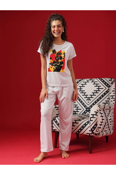 Grey Graphic Print Cotton T-Shirt and Pyjama Set