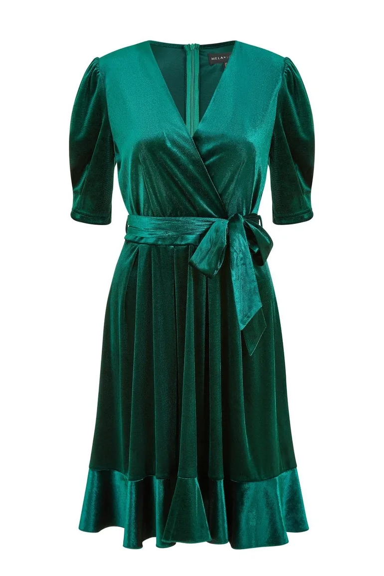 Shop Mela Green Velvet Wrap Skater Dress With Bow Belt Online in Qatar