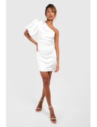 Satin Puff Sleeve Asymmetric Mini Dress - white - 2