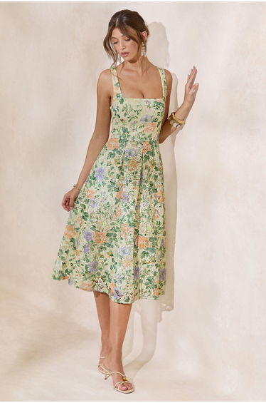 Lorielle | Lemon Floral Print Lace Square-Neck Midi Dress