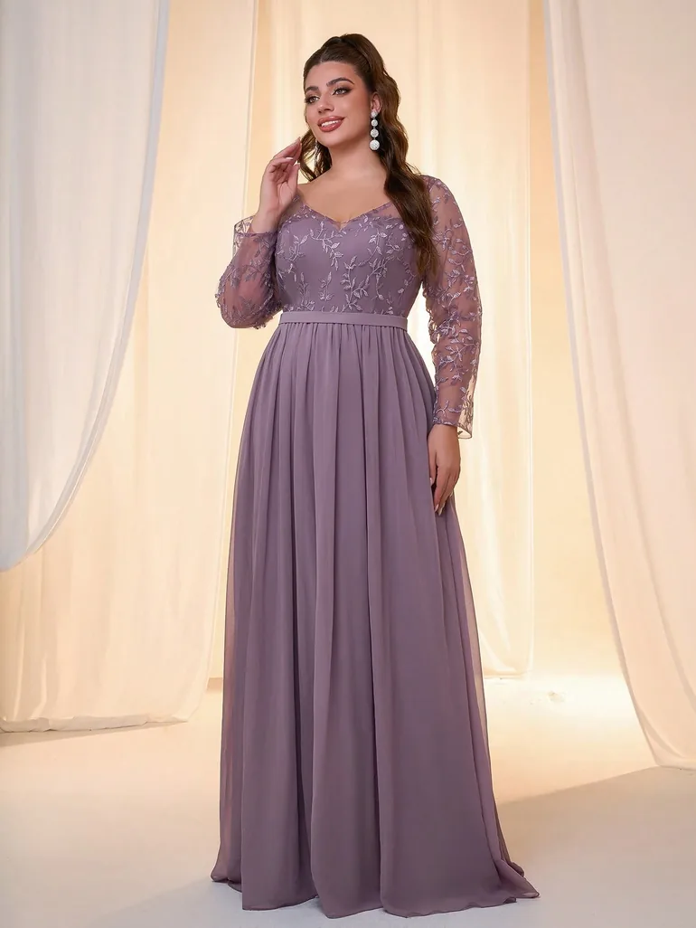 Leely Plus Women's Elegant V Neck Long Sleeve Party Dresses - 2