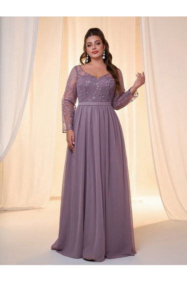 Leely Plus Women's Elegant V Neck Long Sleeve Party Dresses