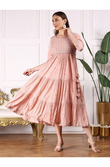 Women Peach Mirror Embroidered 3/4 Sleeve A-Line Midi Dress