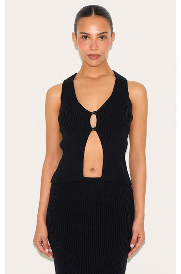 Petite Black Knitted Open Front Longline Waistcoat
