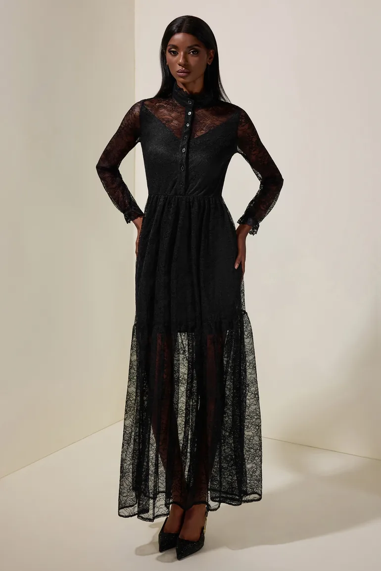 Lace Long Sleeve See-Through Maxi Dress JardinVue Black : Evening