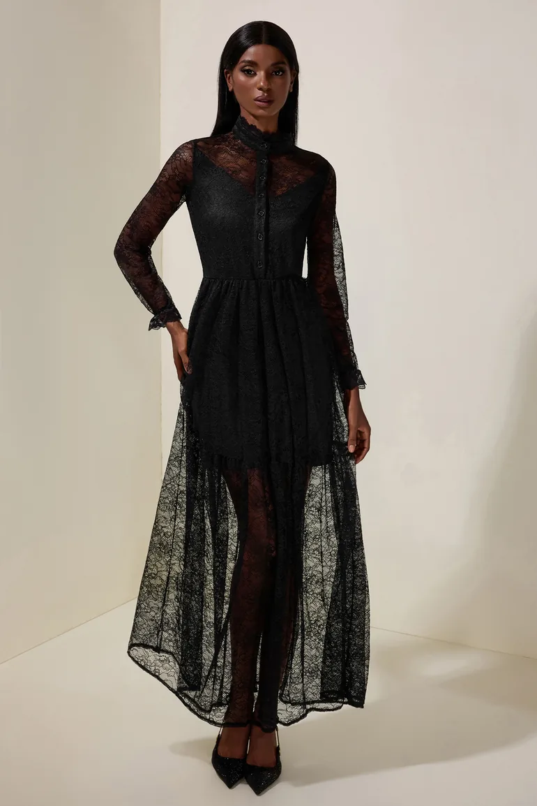 Lace Long Sleeve See-Through Maxi Dress JardinVue Black : Evening Dresses :  VogaCloset Oman