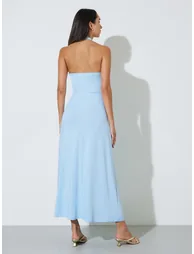 Blue Solid Halter Neck A-Line Maxi Dress - 4
