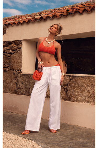 White Linen Look Drawstring Waist Trousers