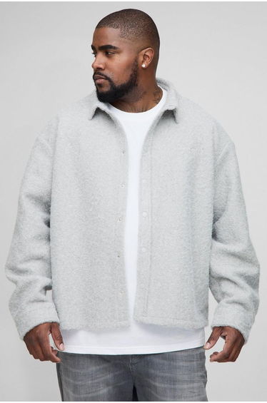 Plus Oversized Embroidered Brushed Overshirt - grey