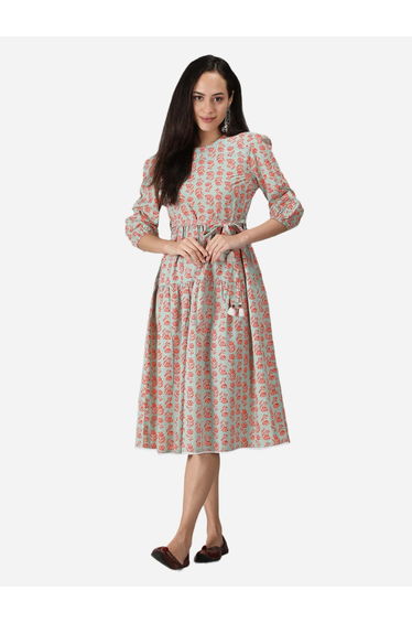 Green Cotton Floral Printed Flared Midi Dress