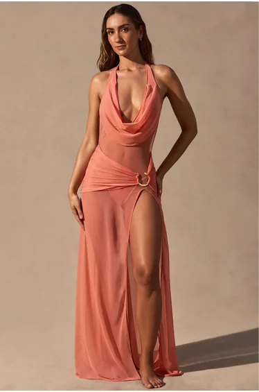 Cowl-Neck Plunge Maxi Dress in Coral