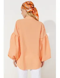Orange Balloon Sleeve Seersucker Woven Tunic - 3