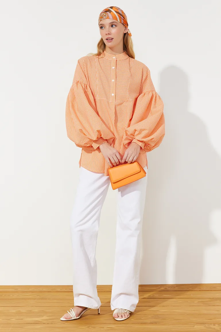 Orange Balloon Sleeve Seersucker Woven Tunic - 7