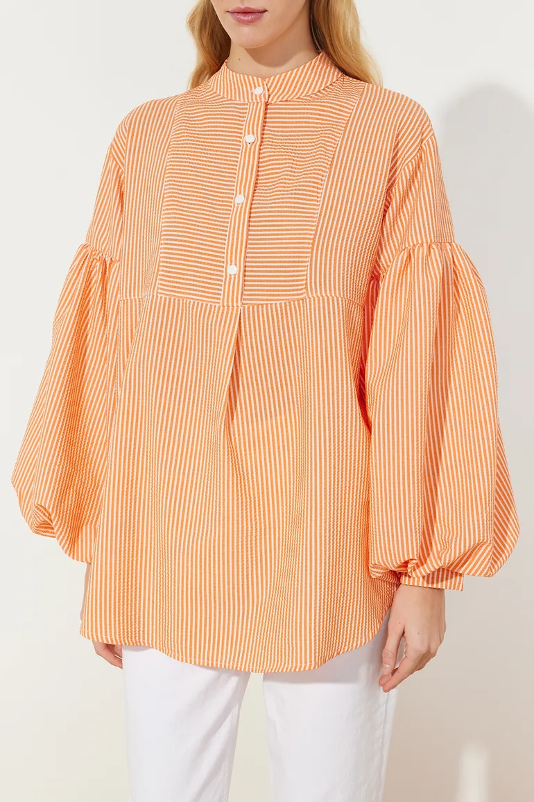 Orange Balloon Sleeve Seersucker Woven Tunic - 1