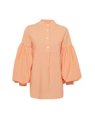 Orange Balloon Sleeve Seersucker Woven Tunic - 4