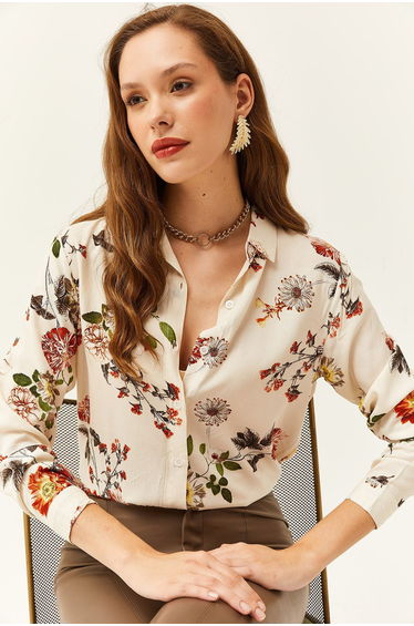 Women's Ecru Floral Patterned Woven Viscose Shirt