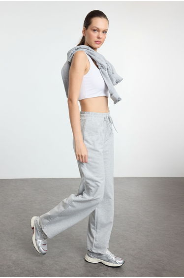 Grey Melange Plain 2 Yarn Non-raised Sportswear Sweatpants