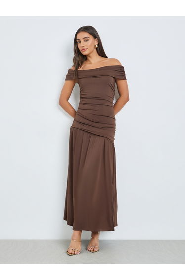 Brown Gathered Off-Shoulder Maxi Dress