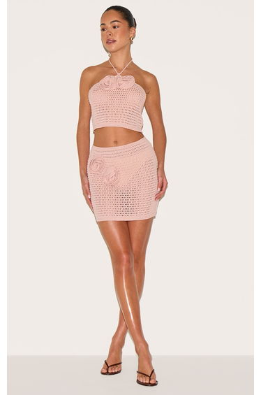 Dusty Pink Tie Neck Flower Applique Top