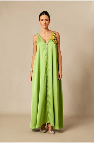 Sienna Floral Embroidered V-neck Satin Maxi Dress