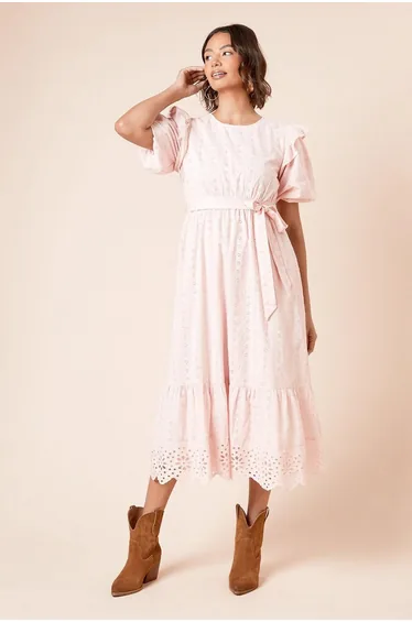 Cutwork Ruffle Sleeve Puff Sleeve Midi Dress