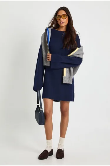 Tall Crew Neck Flared Sleeve Knitted Mini Dress - navy