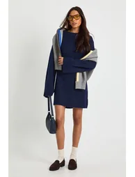 Tall Crew Neck Flared Sleeve Knitted Mini Dress - navy