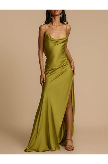 Elegant Satin Ruffled High Slit Maxi Dress