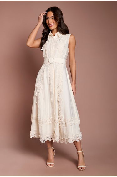 Lace Panelled Belted Sleeveless Shirt Dress