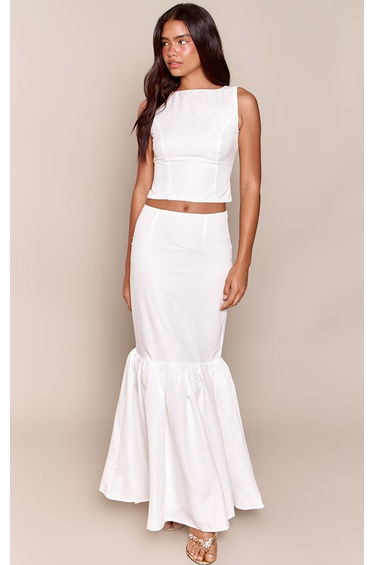 White Cotton Poplin Fishtail Maxi Skirt Co-ord