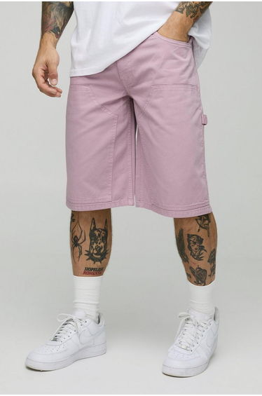 Relaxed Long Length Overdye Carpenter Shorts - mauve