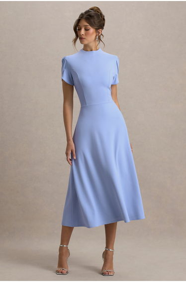 Vicky | Powder Blue High Neck Midi Dress With Puff Sleeves