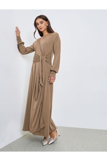 Khaki Waist Tie Wrap Midi Dress