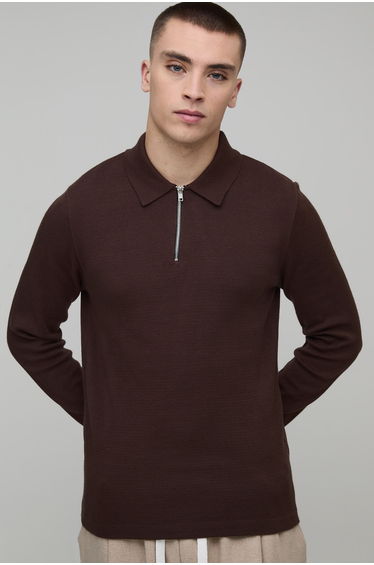Muscle Fit Soft Touch Long Sleeve 1/4 Zip Knitted Polo - chocolate