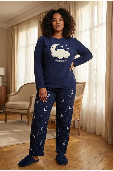 Navy Blue Galaxy Patterned Fleece Knitted Pajama Set