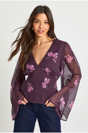 Floral Chiffon Angel Sleeve Blouse - fig