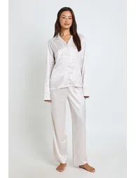 Tall Leopard Jacquard Satin Long Sleeve Shirt & Trouser Pyjama Set - champagne