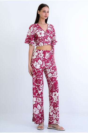 Women's Dusty Rose-Ecru Double-Breasted Collar Ruffled Crop Blouse and Trousers Set