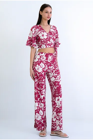 Women's Dusty Rose-Ecru Double-Breasted Collar Ruffled Crop Blouse and Trousers Set