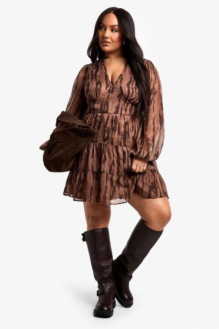 Plus Animal Print Tiered Chiffon Smock Dress - 2