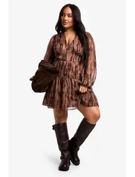 Plus Animal Print Tiered Chiffon Smock Dress - 2