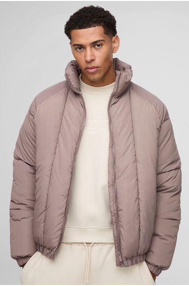 Oversized Vertical Panelled Hooded Puffer Jacket - taupe