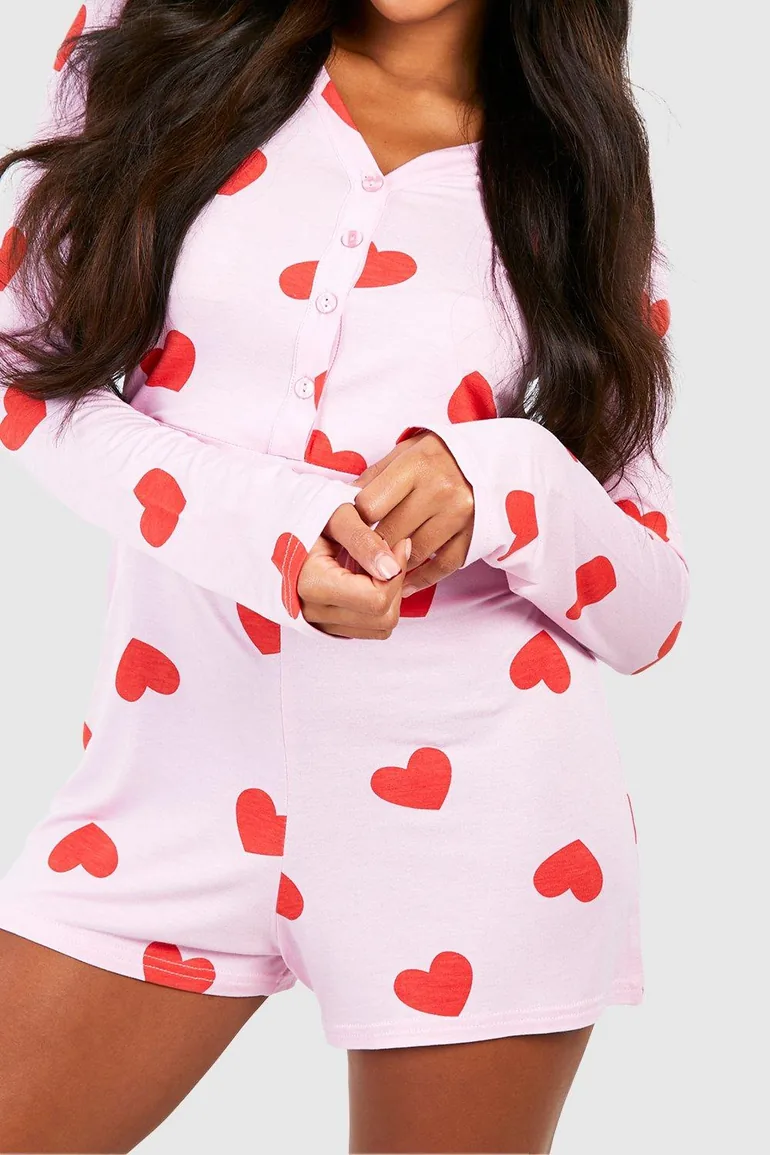 Valentine's Heart Print Button Front Romper - pink - 3