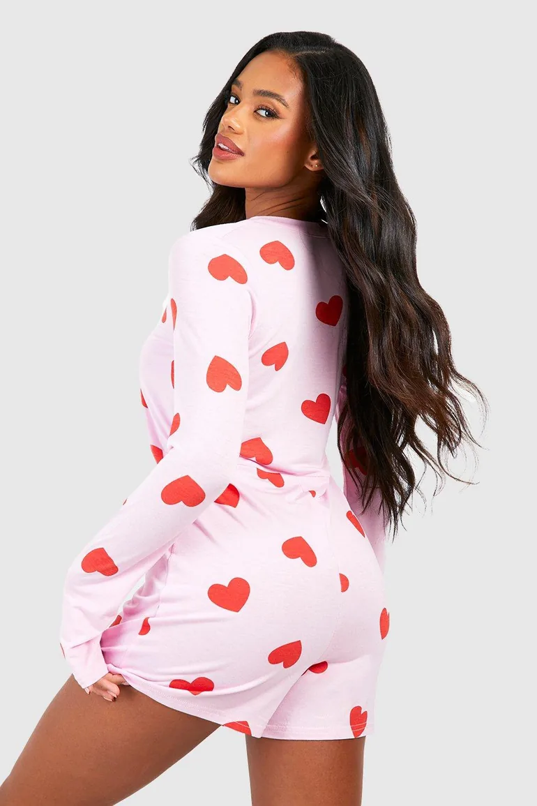 Valentine's Heart Print Button Front Romper - pink - 1