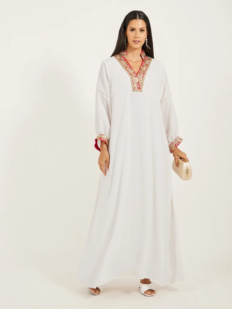Embroidered V-Neck Dropped Shoulder A-Line Kaftan - 1