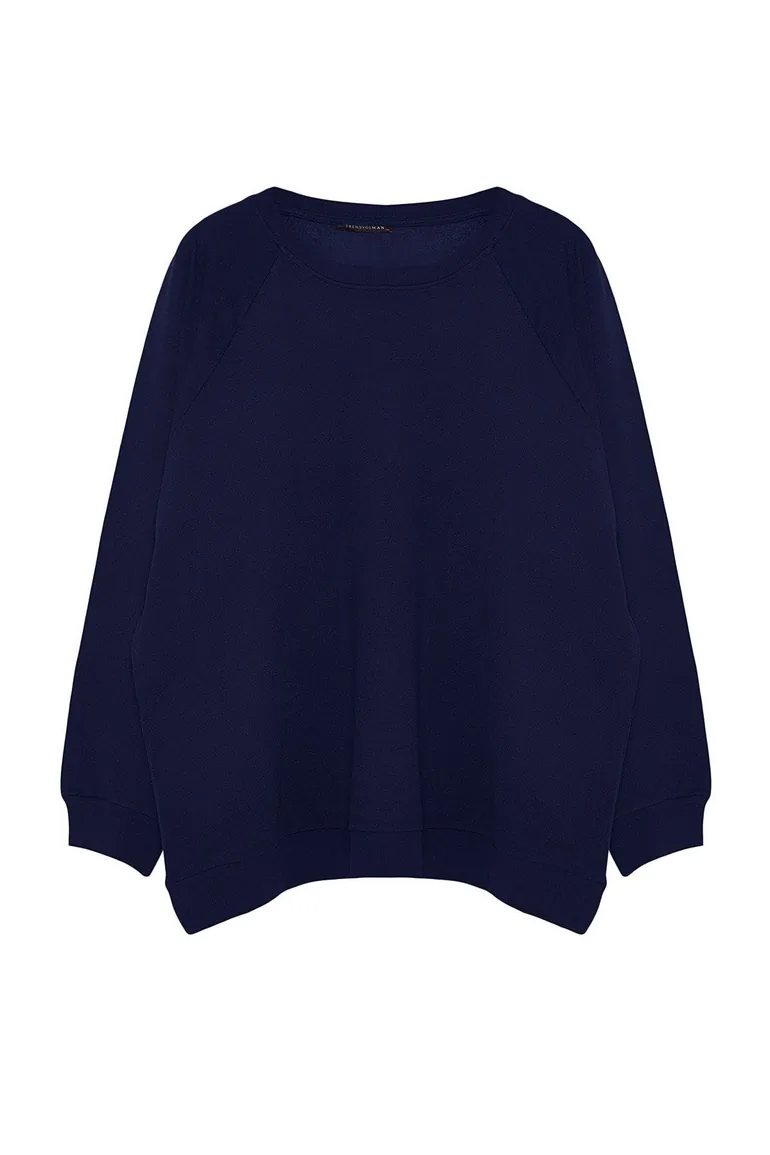 Navy Blue Plus Size Oversize/Wide Cut Comfortable Basic Fleece Inside Sweatshirt - 5
